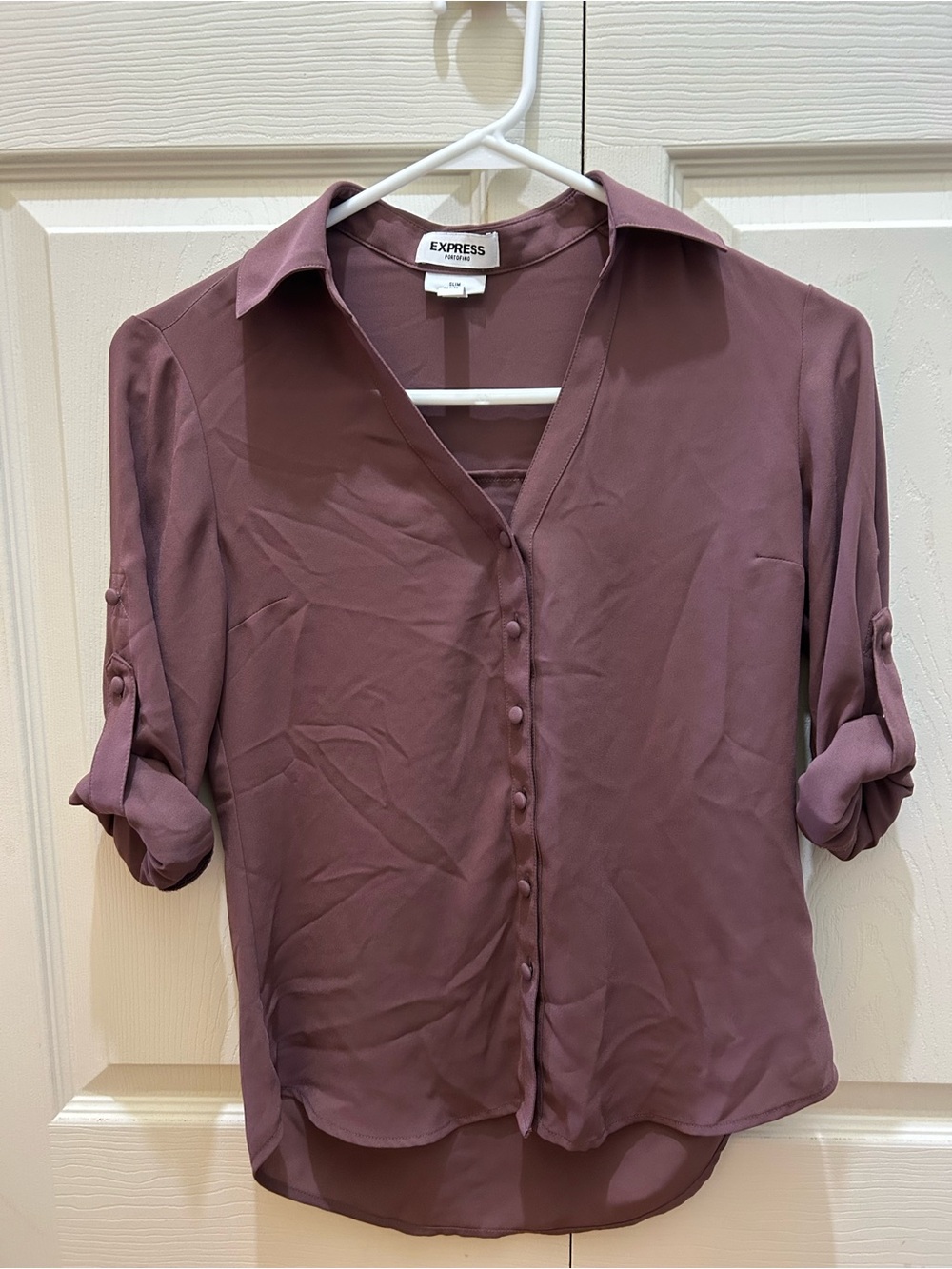 Express Dusty Mauve Roll-Tab Button-Down Blouse